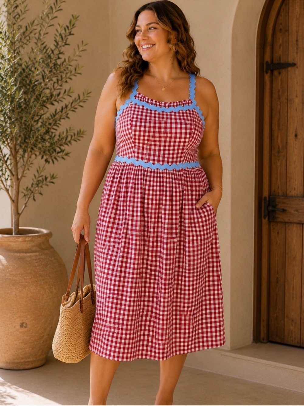 BloomChic Red Gingham Ric Rac Midi Sundress Cottagecore 18/20 2X